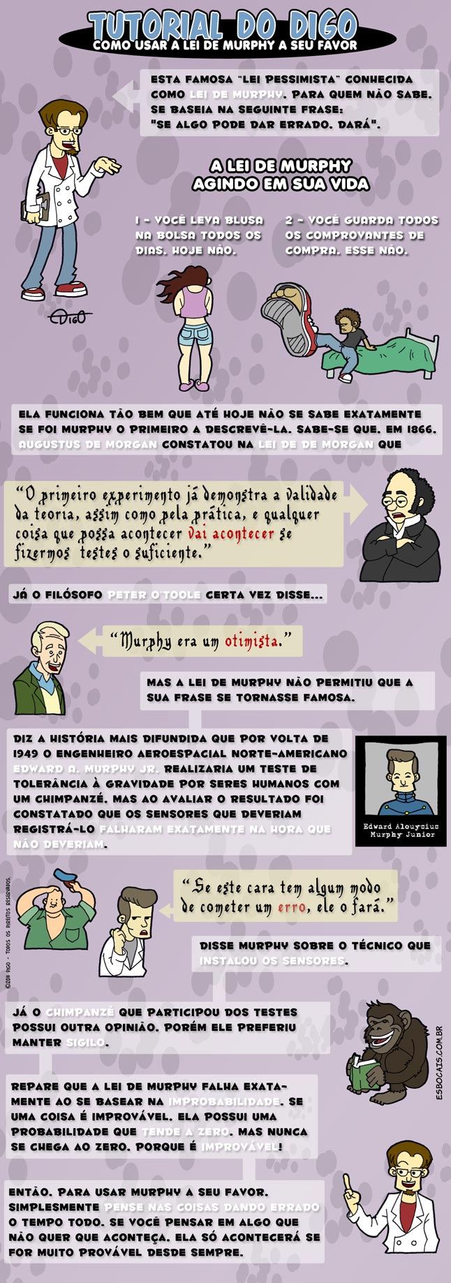 Especial #23 – Como usar a Lei de Murphy a seu favor | Digo com roupa de professor: Esta famosa "Lei Pessimista" conhecida como "Lei de Murphy". Para quem não sabe, se baseia na seguinte frase: "Se algo pode dar errado, dará". 

A lei de Murphy agindo em sua vida
1 - Você leva blusa na bolsa todos os dias, hoje não. 
Moça sentindo frio.
2 - Você guarda todos os comprovantes de compra, esse não. 
Garoto com o tênis soltando o solado. 

Ela funciona tão bem que até hoje não se sabe exatamente se foi Murphy o primeiro a descrevê-la. Sabe-se que, em 1866, Augustus de Morgan constatou na Lei de Morgan que
Augustus: "O primeiro experimento já demonstra a validade da teoria, assim como pela prátia, e qualquer coisa que possa acontecer, vai acontecer se fizermeos testes o suficiente".

Já o filósofo Peter O'Toole certa vez disse...
Peter: "Murphy era um otimista."

Mas a lei de Murphy não permitiu que a sua frase se tornasse famosa. Diz a história mais difundida que por volta de 1949 o engenheiro aeroespacial norte-americano Edward A. Murphy Jr. realizaria um teste de tolerância à gravidade por seres humanos com um chimpanzé. Mas ao avaliar o resultado, foi constatado que os sensores que deveriam registrá-lo, falharam exatamente na hora que não deveriam. 
Murphy olhando para funcionário: "Se este cara tem algum modo de cometer um erro, ele o fará." 

Já o chimpanzé que participou dos testes possui outra opinião. Porém ele preferiu manter sigilo. 
Repare que a lei de Murphy falha exatamente ao se basear na improbabilidade. Se uma coisa é improvável. Ela possui uma probabilidade que tende a zero, mas nunca chega ao zero, porque é improvável! 
Então, para usar Murphy a seu favor, simplismente pense nas coisas dando errado o tempo todo. Se você pensar em algo que não quer que aconteça, ela só acontecerá se for muito provável desde sempre.  ( 1866, 1949, aconteça, acontece, acontecendo, acontecer, acontecerá, aconteceram, acontecerão, acontecerem, aconteceria, aconteceriam, acontecessem, aconteceu, acontecia, aconteciam, acontecida, acontecidas, acontecido, acontecidos, aeroespacial, age, agi, agia, agiam, agida, agidas, agido, agidos, agimos, agindo, agir, agirá, agiram, agirão, agirei, agirem, agiremos, agiria, agiriam, agirmos, agisse, agissem, agiu, ajo, algo, algum, ao, assim, até, augustus, augustus de morgan, avalia, avaliada, avaliadas, avaliado, avaliados, avaliamos, avaliando, avaliar, avaliará, avaliaram, avaliarão, avaliarei, avaliarem, avaliaremos, avaliaria, avaliariam, avaliarmos, avaliasse, avaliassem, avaliava, avaliavam, avaliei, avalio, avaliou, baseada, baseadas, baseado, baseados, baseamos, baseando, basear, baseará, basearam, basearão, basearei, basearem, basearemos, basearia, baseariam, basearmos, baseasse, baseassem, baseava, baseavam, baseei, baseia, baseio, baseou, bem, blusa, bolsa, bolsada, bolsadas, bolsado, bolsados, bolsamos, bolsando, bolsar, bolsará, bolsaram, bolsarão, bolsarei, bolsarem, bolsaremos, bolsaria, bolsariam, bolsarmos, bolsasse, bolsassem, bolsava, bolsavam, bolsei, bolso, bolsou, cara, certa, certada, certadas, certado, certados, certamos, certando, certar, certará, certaram, certarão, certarei, certarem, certaremos, certaria, certariam, certarmos, certasse, certassem, certava, certavam, certei, certo, certou, chega, chegada, chegadas, chegado, chegados, chegamos, chegando, chegar, chegará, chegaram, chegarão, chegarei, chegarem, chegaremos, chegaria, chegariam, chegarmos, chegasse, chegassem, chegava, chegavam, chego, chegou, cheguei, chimpanzé, coisa, coisada, coisadas, coisado, coisados, coisamos, coisando, coisar, coisará, coisaram, coisarão, coisarei, coisarem, coisaremos, coisaria, coisariam, coisarmos, coisas, coisasse, coisassem, coisava, coisavam, coisei, coiso, coisou, com, come, comemos, comendo, comer, comerá, comeram, comerão, comerei, comerem, comeremos, comeria, comeriam, comermos, comesse, comessem, comete, cometemos, cometendo, cometer, cometerá, cometeram, cometerão, cometerei, cometerem, cometeremos, cometeria, cometeriam, cometermos, cometesse, cometessem, cometeu, cometi, cometia, cometiam, cometida, cometidas, cometido, cometidos, cometo, comeu, comi, comia, comiam, comida, comidas, comido, comidos, como, compra, comprada, compradas, comprado, comprados, compramos, comprando, comprar, comprará, compraram, comprarão, comprarei, comprarem, compraremos, compraria, comprariam, comprarmos, comprasse, comprassem, comprava, compravam, comprei, compro, comprou, comprovantes, conhece, conhecemos, conhecendo, conhecer, conhecerá, conheceram, conhecerão, conhecerei, conhecerem, conheceremos, conheceria, conheceriam, conhecermos, conhecesse, conhecessem, conheceu, conheci, conhecia, conheciam, conhecida, conhecidas, conhecido, conhecidos, conheço, constata, constatada, constatadas, constatado, constatados, constatamos, constatando, constatar, constatará, constataram, constatarão, constatarei, constatarem, constataremos, constataria, constatariam, constatarmos, constatasse, constatassem, constatava, constatavam, constatei, constato, constatou, da, dada, dadas, dado, dados, damos, dando, dar, dará, darão, darei, darem, daremos, daria, dariam, darmos, dava, davam, dê, dei, demonstra, demonstrada, demonstradas, demonstrado, demonstrados, demonstramos, demonstrando, demonstrar, demonstrará, demonstraram, demonstrarão, demonstrarei, demonstrarem, demonstraremos, demonstraria, demonstrariam, demonstrarmos, demonstrasse, demonstrassem, demonstrava, demonstravam, demonstrei, demonstro, demonstrou, der, deram, derem, descrevê-la, desde, desse, dessem, deu, deve, devemos, devendo, dever, deverá, deveram, deverão, deverei, deverem, deveremos, deveria, deveriam, devermos, devesse, devessem, deveu, devi, devia, deviam, devida, devidas, devido, devidos, devo, dias, difunde, difundi, difundia, difundiam, difundida, difundidas, difundido, difundidos, difundimos, difundindo, difundir, difundirá, difundiram, difundirão, difundirei, difundirem, difundiremos, difundiria, difundiriam, difundirmos, difundisse, difundissem, difundiu, difundo, digo, dirá, dirão, direi, diremos, diria, diriam, disse, disser, disseram, disserem, dissesse, dissessem, diz, dize, dizemos, dizendo, dizer, dizerem, dizermos, dizia, diziam, dos, dou, é, edward, edward alouysius murphy junior, ela, ele, em, engenheira, engenheirada, engenheiradas, engenheirado, engenheirados, engenheiramos, engenheirando, engenheirar, engenheirará, engenheiraram, engenheirarão, engenheirarei, engenheirarem, engenheiraremos, engenheiraria, engenheirariam, engenheirarmos, engenheirasse, engenheirassem, engenheirava, engenheiravam, engenheirei, engenheiro, engenheirou, então, era, eram, erra, errada, erradas, errado, errados, erramos, errando, errar, errará, erraram, errarão, errarei, errarem, erraremos, erraria, errariam, errarmos, errasse, errassem, errava, erravam, errei, erro, errou, esse, está, este, exatamente, experimenta, experimentada, experimentadas, experimentado, experimentados, experimentamos, experimentando, experimentar, experimentará, experimentaram, experimentarão, experimentarei, experimentarem, experimentaremos, experimentaria, experimentariam, experimentarmos, experimentasse, experimentassem, experimentava, experimentavam, experimentei, experimento, experimentou, faço, falha, falhada, falhadas, falhado, falhados, falhamos, falhando, falhar, falhará, falharam, falharão, falharei, falharem, falharemos, falharia, falhariam, falharmos, falhasse, falhassem, falhava, falhavam, falhei, falho, falhou, famosa, fará, farão, farei, faremos, faria, fariam, favor, faz, faze, fazemos, fazendo, fazer, fazerem, fazermos, fazia, faziam, fez, filósofo, fiz, fizer, fizerem, fizermeos, fizesse, fizessem, foi, for, foram, forem, fosse, fossem, frase, frio, fui, funciona, funcionada, funcionadas, funcionado, funcionados, funcionamos, funcionando, funcionar, funcionará, funcionaram, funcionarão, funcionarei, funcionarem, funcionaremos, funcionaria, funcionariam, funcionário, funcionarmos, funcionasse, funcionassem, funcionava, funcionavam, funcionei, funciono, funcionou, garota, garotada, garotadas, garotado, garotados, garotamos, garotando, garotar, garotará, garotaram, garotarão, garotarei, garotarem, garotaremos, garotaria, garotariam, garotarmos, garotasse, garotassem, garotava, garotavam, garotei, garoto, garotou, gravidade, guarda, guardada, guardadas, guardado, guardados, guardamos, guardando, guardar, guardará, guardaram, guardarão, guardarei, guardarem, guardaremos, guardaria, guardariam, guardarmos, guardasse, guardassem, guardava, guardavam, guardei, guardo, guardou, historia, hoje, hora, horada, horadas, horado, horados, horamos, horando, horar, horará, horaram, horarão, horarei, horarem, horaremos, horaria, horariam, horarmos, horasse, horassem, horava, horavam, horei, horo, horou, humanos, ia, iam, ida, idas, ido, idos, improbabilidade, improvável, indo, ir, irá, irão, irei, irem, iremos, iria, iriam, irmos, já, jr, lei, lei de murphy, leva, levada, levadas, levado, levados, levamos, levando, levar, levará, levaram, levarão, levarei, levarem, levaremos, levaria, levariam, levarmos, levasse, levassem, levava, levavam, levei, levo, levou, mais, mantem, mantemos, mantendo, mantenho, manter, manterá, manterão, manterei, manterem, manteremos, manteria, manteriam, mantermos, manteve, mantida, mantidas, mantido, mantidos, mantinha, mantinham, mantive, mantiver, mantiveram, mantiverem, mantivesse, mantivessem, mas, moça, modo, morgan, muito, murphy, na, não, nas, norte-americano, nunca, o, olha, olhada, olhadas, olhado, olhados, olhamos, olhando, olhar, olhará, olharam, olharão, olharei, olharem, olharemos, olharia, olhariam, olharmos, olhasse, olhassem, olhava, olhavam, olhei, olho, olhou, opinião, os, otimista, outra, para, participa, participada, participadas, participado, participados, participamos, participando, participar, participará, participaram, participarão, participarei, participarem, participaremos, participaria, participariam, participarmos, participasse, participassem, participava, participavam, participei, participo, participou, pela, pensa, pensada, pensadas, pensado, pensados, pensamos, pensando, pensar, pensará, pensaram, pensarão, pensarei, pensarem, pensaremos, pensaria, pensariam, pensarmos, pensasse, pensassem, pensava, pensavam, pense, pensei, penso, pensou, permite, permiti, permitia, permitiam, permitida, permitidas, permitido, permitidos, permitimos, permitindo, permitir, permitirá, permitiram, permitirão, permitirei, permitirem, permitiremos, permitiria, permitiriam, permitirmos, permitisse, permitissem, permitiu, permito, pessimista, peter, peter o'toole, pode, podemos, podendo, poder, poderá, poderão, poderei, poderem, poderemos, poderia, poderiam, podermos, podia, podiam, podida, podidas, podido, podidos, por, porém, porque, possa, possada, possadas, possado, possados, possamos, possando, possar, possará, possaram, possarão, possarei, possarem, possaremos, possaria, possariam, possarmos, possasse, possassem, possava, possavam, possei, posso, possou, possui, possuía, possuíam, possuímos, possuindo, possuir, possuirá, possuíram, possuirão, possuirei, possuírem, possuiremos, possuiria, possuiriam, possuirmos, possuísse, possuíssem, possuiu, possuo, prátia, prefere, preferi, preferia, preferiam, preferida, preferidas, preferido, preferidos, preferimos, preferindo, preferir, preferirá, preferiram, preferirão, preferirei, preferirem, preferiremos, preferiria, prefeririam, preferirmos, preferisse, preferissem, preferiu, prefiro, primeiro, probabilidade, professor, provável, pude, puder, puderam, puderem, pudesse, pudessem, qualquer, que, quem, quer, quere, queremos, querendo, querer, quererá, quererão, quererei, quererem, quereremos, quereria, quereriam, querermos, queria, queriam, querida, queridas, querido, queridos, quero, quis, quiser, quiseram, quiserem, quisesse, quisessem, realiza, realizada, realizadas, realizado, realizados, realizamos, realizando, realizar, realizará, realizaram, realizarão, realizarei, realizarem, realizaremos, realizaria, realizariam, realizarmos, realizasse, realizassem, realizava, realizavam, realizei, realizo, realizou, registrá-lo, repare, resulta, resultada, resultadas, resultado, resultados, resultamos, resultando, resultar, resultará, resultaram, resultarão, resultarei, resultarem, resultaremos, resultaria, resultariam, resultarmos, resultasse, resultassem, resultava, resultavam, resultei, resulto, resultou, roupa, roupada, roupadas, roupado, roupados, roupamos, roupando, roupar, roupará, rouparam, rouparão, rouparei, rouparem, rouparemos, rouparia, roupariam, rouparmos, roupasse, roupassem, roupava, roupavam, roupei, roupo, roupou, sabe, sabe-se, sabemos, sabendo, saber, saberá, saberão, saberei, saberem, saberemos, saberia, saberiam, sabermos, sabia, sabiam, sabida, sabidas, sabido, sabidos, sê, seguinte, sei, sempre, sendo, sensores, sente, senti, sentia, sentiam, sentida, sentidas, sentido, sentidos, sentimos, sentindo, sentir, sentirá, sentiram, sentirão, sentirei, sentirem, sentiremos, sentiria, sentiriam, sentirmos, sentisse, sentissem, sentiu, ser, será, serão, serei, serem, seremos, seres, seria, seriam, sermos, seu, sida, sidas, sido, sidos, sigilo, simplismente, sinto, só, sola, solada, soladas, solado, solados, solamos, solando, solar, solará, solaram, solarão, solarei, solarem, solaremos, solaria, solariam, solarmos, solasse, solassem, solava, solavam, solei, solo, solou, solta, soltada, soltadas, soltado, soltados, soltamos, soltando, soltar, soltará, soltaram, soltarão, soltarei, soltarem, soltaremos, soltaria, soltariam, soltarmos, soltasse, soltassem, soltava, soltavam, soltei, solto, soltou, somos, sou, soube, souber, souberam, souberem, soubesse, soubessem, sua, suada, suadas, suado, suados, suamos, suando, suar, suará, suaram, suarão, suarei, suarem, suaremos, suaria, suariam, suarmos, suasse, suassem, suava, suavam, suei, suficiente, suo, suou, tão, tem, temos, tempo, tende, tendemos, tendendo, tender, tenderá, tenderam, tenderão, tenderei, tenderem, tenderemos, tenderia, tenderiam, tendermos, tendesse, tendessem, tendeu, tendi, tendia, tendiam, tendida, tendidas, tendido, tendidos, tendo, tenho, tênis, teoria, ter, terá, terão, terei, terem, teremos, teria, teriam, termos, teste, testes, teve, tida, tidas, tido, tidos, tinha, tinham, Tirinha, Tirinhas, tive, tiver, tiveram, tiverem, tivesse, tivessem, todo, todos, tolerância, toole, torna, tornada, tornadas, tornado, tornados, tornamos, tornando, tornar, tornará, tornaram, tornarão, tornarei, tornarem, tornaremos, tornaria, tornariam, tornarmos, tornasse, tornassem, tornava, tornavam, tornei, torno, tornou, um, uma, usa, usada, usadas, usado, usados, usamos, usando, usar, usará, usaram, usarão, usarei, usarem, usaremos, usaria, usariam, usarmos, usasse, usassem, usava, usavam, usei, uso, usou, vai, validade, vamos, vez, vida, vidada, vidadas, vidado, vidados, vidamos, vidando, vidar, vidará, vidaram, vidarão, vidarei, vidarem, vidaremos, vidaria, vidariam, vidarmos, vidas, vidasse, vidassem, vidava, vidavam, videi, vido, vidos, vidou, você, volta, voltada, voltadas, voltado, voltados, voltamos, voltando, voltar, voltará, voltaram, voltarão, voltarei, voltarem, voltaremos, voltaria, voltariam, voltarmos, voltasse, voltassem, voltava, voltavam, voltei, volto, voltou, vou, zera, zerada, zeradas, zerado, zerados, zeramos, zerando, zerar, zerará, zeraram, zerarão, zerarei, zerarem, zeraremos, zeraria, zerariam, zerarmos, zerasse, zerassem, zerava, zeravam, zerei, zero, zerou)