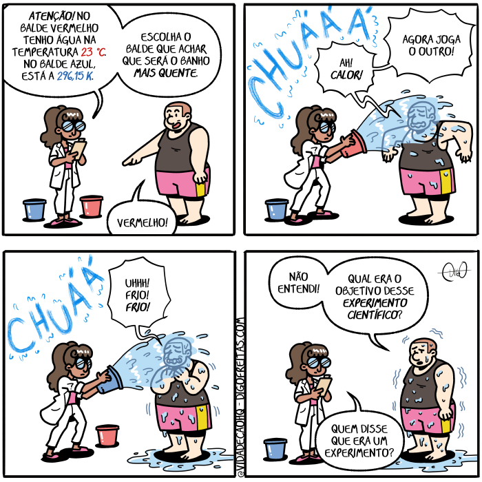Calor e frio | Uma cientista, uma mulher branca de cabelos brancos e vestida de jaleco branco, segura dois baldes de água, um azul e um vermelho. Atrás dela, um homem negro com roupas comuns.
Cientista: Atenção! No balde vermelho, tenho água na temperatura 23ºC. No balde azul, está a 296.15 K. Escolha o balde que achar que vai ser o banho mais quente.
Homem: Vermelho!

A cientista joga água nele do primeiro balde. O outro fica no chão.
Homem: Ah! Calor! Agora joga o outro!

A cientista joga o outro balde.
Homem: Uhhh! Frio! Frio!

A cientista vai embora. O homem treme.
Homem: Não entendi! Qual era o objetivo desse experimento científico?
Cientista: Quem falou que era um experimento? ( 23ºc, 296.15, a, acha, achada, achadas, achado, achados, achais, acham, achamos, achando, achar, achará, acharam, acháramos, acharão, acharás, achardes, acharei, achareis, acharem, acharemos, achares, acharia, achariam, acharíamos, acharias, acharíeis, acharmos, achas, achasse, achásseis, achassem, achássemos, achasses, achaste, achastes, achava, achavam, achávamos, achavas, acháveis, ache, achei, acheis, achem, achemos, aches, acho, achou, agora, água, aguada, aguadas, aguado, aguados, aguais, águam, aguamos, aguando, aguar, aguará, aguaram, aguáramos, aguarão, aguarás, aguardes, aguarei, aguareis, aguarem, aguaremos, aguares, aguaria, aguariam, aguaríamos, aguarias, aguaríeis, aguarmos, águas, aguasse, aguásseis, aguassem, aguássemos, aguasses, aguaste, aguastes, aguava, aguavam, aguávamos, aguavas, aguáveis, águe, aguei, agueis, águem, aguemos, águes, águo, aguou, ah, atenção, atrás, azul, balde, baldes, banha, banhada, banhadas, banhado, banhados, banhais, banham, banhamos, banhando, banhar, banhará, banharam, banháramos, banharão, banharás, banhardes, banharei, banháreis, banharem, banharemos, banhares, banharia, banhariam, banharíamos, banharias, banharíeis, banharmos, banhas, banhasse, banhásseis, banhassem, banhássemos, banhasses, banhaste, banhastes, banhava, banhavam, banhávamos, banhavas, banháveis, banhe, banhei, banheis, banhem, banhemos, banhes, banho, banhou, branca, branco, brancos, cabelos, calor, chão, científico, cientista, com, comuns, dê, dela, desse, do, dois, é, embora, entenda, entendais, entendam, entendamos, entendas, entende, entendeis, entendem, entendemos, entendendo, entender, entenderá, entenderam, entendêramos, entenderão, entenderas, entenderdes, entenderei, entendêreis, entenderem, entenderemos, entenderes, entenderia, entenderiam, entenderíamos, entenderias, entenderíeis, entendermos, entendes, entendesse, entendêsseis, entendessem, entendêssemos, entendesses, entendeste, entendestes, entendeu, entendi, entendia, entendiam, entendíamos, entendias, entendida, entendidas, entendido, entendidos, entendíeis, entendo, era, eram, éramos, eras, éreis, és, escolha, escolhais, escolham, escolhamos, escolhas, escolhe, escolheis, escolhem, escolhemos, escolhendo, escolher, escolherá, escolheram, escolhêramos, escolherão, escolheras, escolherdes, escolherei, escolhereis, escolherem, escolheremos, escolheres, escolheria, escolheriam, escolheríamos, escolherias, escolheríeis, escolhermos, escolhes, escolhesse, escolhêsseis, escolhessem, escolhêssemos, escolhesses, escolheste, escolhestes, escolheu, escolhi, escolhia, escolhiam, escolhíamos, escolhias, escolhida, escolhidas, escolhido, escolhidos, escolhíeis, escolho, está, estada, estadas, estado, estados, estais, estamos, estando, estão, estar, estará, estarão, estarás, estardes, estarei, estareis, estarem, estaremos, estares, estaria, estariam, estaríamos, estarias, estaríeis, estarmos, estas, estava, estavam, estávamos, estavas, estáveis, esteja, estejais, estejam, estejamos, estejas, esteve, estive, estivemos, estiver, estivera, estiveram, estivéramos, estiveras, estiverdes, estivéreis, estiverem, estiveres, estivermos, estivesse, estivésseis, estivessem, estivéssemos, estivesses, estiveste, estivestes, estou, experimenta, experimentada, experimentadas, experimentado, experimentados, experimentais, experimentam, experimentamos, experimentando, experimentar, experimentará, experimentaram, experimentáramos, experimentarão, experimentarás, experimentardes, experimentarei, experimentareis, experimentarem, experimentaremos, experimentares, experimentaria, experimentariam, experimentaríamos, experimentarias, experimentaríeis, experimentarmos, experimentas, experimentasse, experimentásseis, experimentassem, experimentássemos, experimentasses, experimentaste, experimentastes, experimentava, experimentavam, experimentávamos, experimentavas, experimentáveis, experimente, experimentei, experimenteis, experimentem, experimentemos, experimentes, experimento, experimentou, fala, falada, faladas, falado, falados, falais, falam, falamos, falando, falar, falará, falaram, faláramos, falarão, falaras, falardes, falarei, faláreis, falarem, falaremos, falares, falaria, falariam, falaríamos, falarias, falaríeis, falarmos, falas, falasse, falásseis, falassem, falássemos, falasses, falaste, falastes, falava, falavam, falávamos, falavas, faláveis, fale, falei, faleis, falem, falemos, fales, falo, falou, fica, ficada, ficadas, ficado, ficados, ficais, ficam, ficamos, ficando, ficar, ficará, ficaram, ficáramos, ficarão, ficaras, ficardes, ficarei, ficareis, ficarem, ficaremos, ficares, ficaria, ficariam, ficaríamos, ficarias, ficaríeis, ficarmos, ficas, ficasse, ficásseis, ficassem, ficássemos, ficasses, ficaste, ficastes, ficava, ficavam, ficávamos, ficavas, ficáveis, fico, ficou, fique, fiquei, fiqueis, fiquem, fiquemos, fiques, foi, fomos, for, fora, foram, fôramos, foras, fordes, fôreis, forem, fores, formos, fosse, fôsseis, fossem, fôssemos, fosses, foste, fostes, frio, fui, homem, ia, iam, íamos, ias, ida, idas, ides, ido, idos, íeis, indo, ir, irá, irão, irás, irdes, irei, ireis, irem, iremos, ires, iria, iriam, iriamos, irias, iríeis, irmos, jaleco, joga, jogada, jogadas, jogado, jogados, jogais, jogam, jogamos, jogando, jogar, jogará, jogaram, jogáramos, jogarão, jogarás, jogardes, jogarei, jogareis, jogarem, jogaremos, jogares, jogaria, jogariam, jogaríamos, jogarias, jogaríeis, jogarmos, jogas, jogasse, jogásseis, jogassem, jogássemos, jogasses, jogaste, jogastes, jogava, jogavam, jogávamos, jogavas, jogáveis, jogo, jogou, jogue, joguei, jogueis, joguem, joguemos, jogues, k, mais, mulher, na, não, negro, nele, nó, o, objetiva, objetivada, objetivadas, objetivado, objetivados, objetivais, objetivam, objetivamos, objetivando, objetivar, objetivará, objetivaram, objetiváramos, objetivarão, objetivarás, objetivardes, objetivarei, objetivareis, objetivarem, objetivaremos, objetivares, objetivaria, objetivariam, objetivaríamos, objetivarias, objetivaríeis, objetivarmos, objetivas, objetivasse, objetivásseis, objetivassem, objetivássemos, objetivasses, objetivaste, objetivastes, objetivava, objetivavam, objetivávamos, objetivavas, objetiváveis, objetive, objetivei, objetiveis, objetivem, objetivemos, objetives, objetivo, objetivou, outro, primeiro, qual, que, quem, quenta, quentada, quentadas, quentado, quentados, quentais, quentam, quentamos, quentando, quentar, quentara, quentaram, quentáramos, quentarão, quentaras, quentardes, quentarei, quentáreis, quentarem, quentaremos, quentares, quentaria, quentariam, quentaríamos, quentarias, quentaríeis, quentarmos, quentas, quentasse, quentásseis, quentassem, quentássemos, quentasses, quentaste, quentastes, quentava, quentavam, quentávamos, quentavas, quentáveis, quente, quentei, quenteis, quentem, quentemos, quentes, quento, quentou, roupa, roupada, roupadas, roupado, roupados, roupais, roupam, roupamos, roupando, roupar, roupará, rouparam, roupáramos, rouparão, rouparas, roupardes, rouparei, roupareis, rouparem, rouparemos, roupares, rouparia, roupariam, rouparíamos, rouparias, rouparíeis, rouparmos, roupas, roupasse, roupásseis, roupassem, roupássemos, roupasses, roupaste, roupastes, roupava, roupavam, roupávamos, roupavas, roupáveis, roupe, roupei, roupeis, roupem, roupemos, roupes, roupo, roupou, são, segura, segurada, seguradas, segurado, segurados, segurais, seguram, seguramos, segurando, segurar, segurará, seguraram, seguráramos, segurarão, seguraras, segurardes, segurarei, seguráreis, segurarem, seguraremos, segurares, seguraria, segurariam, seguraríamos, segurarias, seguraríeis, segurarmos, seguras, segurasse, segurásseis, segurassem, segurássemos, segurasses, seguraste, segurastes, segurava, seguravam, segurávamos, seguravas, seguráveis, segure, segurei, segureis, segurem, seguremos, segures, seguro, segurou, seja, sejais, sejam, sejamos, sejas, sendo, ser, será, serão, serás, serdes, serei, sereis, serem, seremos, seres, seria, seriam, seriamos, serias, seríeis, sermos, sida, sidas, sido, sidos, sois, somos, sou, tem, temos, temperatura, tendes, tendo, tenha, tenhais, tenham, tenhamos, tenhas, tenho, tens, ter, terá, terão, terás, terdes, terei, tereis, terem, teremos, teres, teria, teriam, teríamos, terias, teríeis, termos, teve, tida, tidas, tido, tidos, tinha, tinham, tinhamos, tinhas, tínheis, Tirinha, Tirinhas, tive, tivemos, tiver, tivera, tiveram, tivéramos, tiveras, tiverdes, tivéreis, tiverem, tiveres, tivermos, tivesse, tivésseis, tivessem, tivéssemos, tivesses, tiveste, tivestes, trema, tremais, tremam, tremamos, tremas, treme, tremeis, tremem, trememos, tremendo, tremer, tremerá, tremeram, tremêramos, tremerão, tremeras, tremerdes, tremerei, tremêreis, tremerem, tremeremos, tremeres, tremeria, tremeriam, tremeríamos, tremerias, tremeríeis, tremermos, tremes, tremesse, tremêsseis, tremessem, tremêssemos, tremesses, tremeste, tremestes, tremeu, tremi, tremia, tremiam, tremíamos, tremias, tremida, tremidas, tremido, tremidos, tremíeis, tremo, uhhh, um, uma, vá, vades, vai, vais, vamos, vão, vás, vermelha, vermelhada, vermelhadas, vermelhado, vermelhados, vermelhais, vermelham, vermelhamos, vermelhando, vermelhar, vermelhará, vermelharam, vermelháramos, vermelharão, vermelharas, vermelhardes, vermelharei, vermelháreis, vermelharem, vermelharemos, vermelhares, vermelharia, vermelhariam, vermelharíamos, vermelharias, vermelharíeis, vermelharmos, vermelhas, vermelhasse, vermelhásseis, vermelhassem, vermelhássemos, vermelhasses, vermelhaste, vermelhastes, vermelhava, vermelhavam, vermelhávamos, vermelhavas, vermelháveis, vermelhe, vermelhei, vermelheis, vermelhem, vermelhemos, vermelhes, vermelho, vermelhou, veste, vestem, vestes, vesti, vestia, vestiam, vestíamos, vestias, vestida, vestidas, vestido, vestidos, vestíeis, vestimos, vestindo, vestir, vestirá, vestiram, vestíramos, vestirão, vestiras, vestirdes, vestirei, vestíreis, vestirem, vestiremos, vestires, vestiria, vestiriam, vestiríamos, vestirias, vestiríeis, vestirmos, vestis, vestisse, vestísseis, vestissem, vestíssemos, vestisses, vestiste, vestistes, vestiu, vista, vistais, vistam, vistamos, vistas, visto, vou)